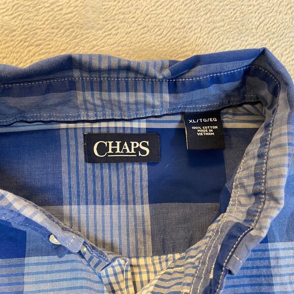 Chaps Mens Shirt XL Blue & White Plaid Button-Down Long Sleeve 100% Cotton - Picture 8 of 12
